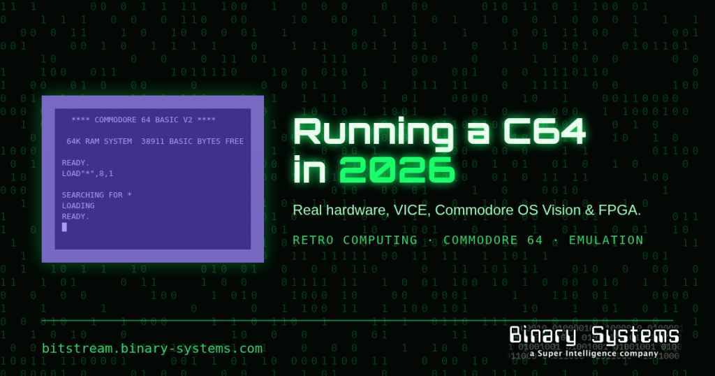 Running a C64 in 2026: a Commodore 64 READY screen beside the article title on The Bitstream's green-on-black binary background