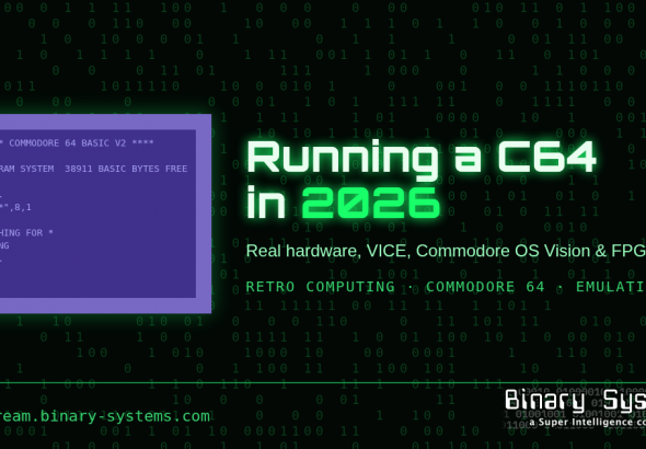 Running a C64 in 2026: a Commodore 64 READY screen beside the article title on The Bitstream's green-on-black binary background